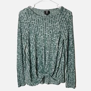 Bobeau Women's Knit Top Size XS Heathered Green Knot Front Ribbed Long Sleeve